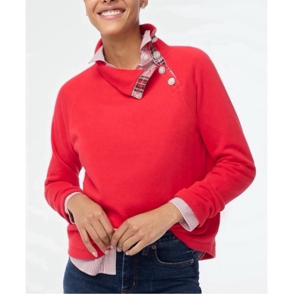 J. Crew Factory Tops - J. Crew factory red jeweled mock neck tartan plaid sweatshirt